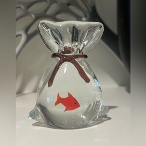 Vintage Art Glass Goldfish in the Bag Paper Weight Sculpture 3.25” H x 2.75” W